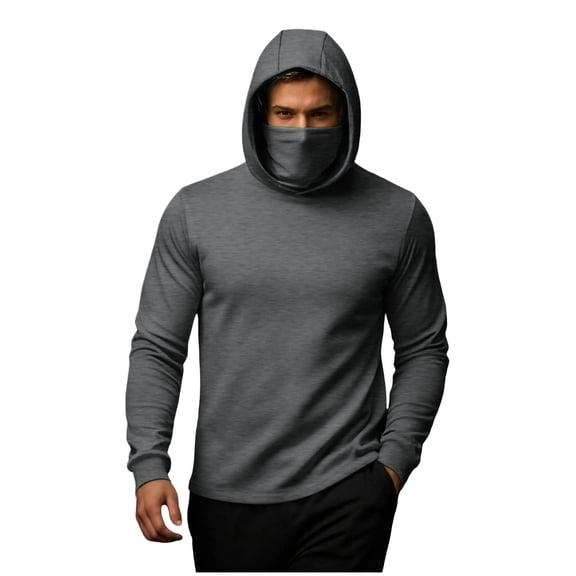 Men's Mask Thermal Hoodie Long Sleeve Solid Face Cover Warmer Pullover Top for Outdoor Dark Gray XL