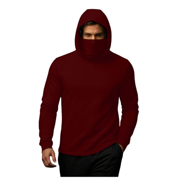 Men's Mask Thermal Hoodie Long Sleeve Solid Face Cover Warmer Pullover Top for Outdoor Wine XL