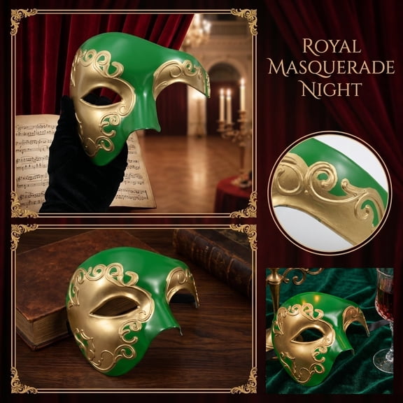 Men's Masquerade Mask Venetian Masquerade Masks 7 Inch Half Face Gold Accent Mask for Masquerade Party Mardi Gras Themed Events Green, 1 Pack