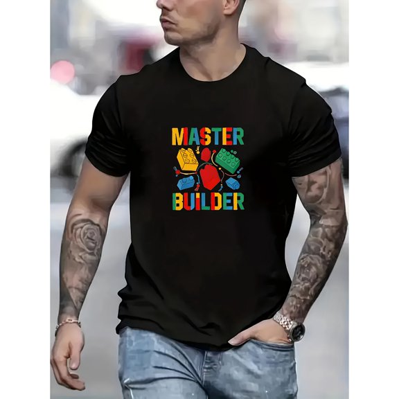 Men's Master Builder Construction-Themed T-Shirt - Light Blue Casual Round Neck Short Sleeve with Building Block Lettering & Construction Vehicle Graphics (Excavator, Crane, Dump Truck)