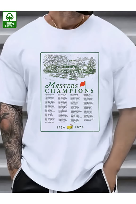 Men's Master Champions Golf Course Graphic T-Shirt - 100% Cotton, Yellow Crewneck with Green Tree and Red House Design, Casual Summer Wear, Outdoor Tshirt | Crewneck Tshirt | Machine Washable