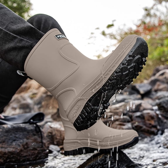 Men's Matte Black Mid Calf Heavy Duty Work Rain Boots Reinforced Toe Waterproof Rain Boots for Men