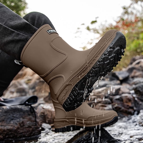 Men's Matte Black Mid Calf Heavy Duty Work Rain Boots Reinforced Toe Waterproof Rain Boots for Men
