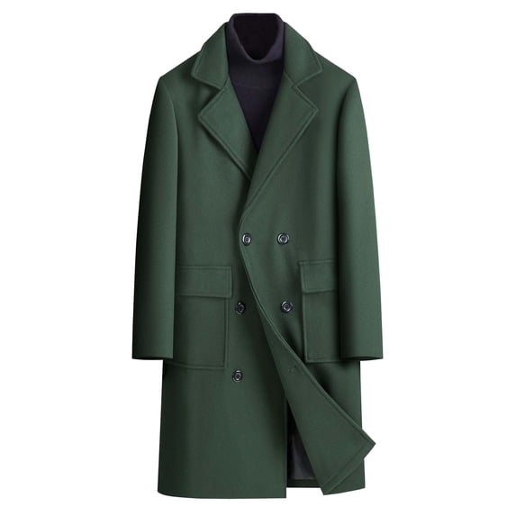 Men's Maxi Overcoat Double Breasted Notched Lapel Neck Coats Heavyweight Windproof Long Winter Formal Coats Olive Green M