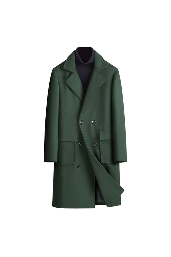 Men's Maxi Overcoat Double Breasted Notched Lapel Neck Coats Heavyweight Windproof Long Winter Formal Coats Olive Green M