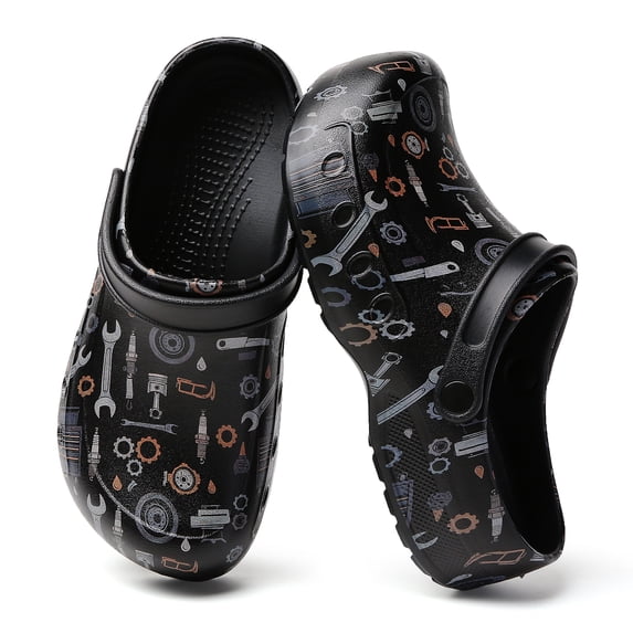 Men’s Mechanic Work Clogs with Tool Print, Waterproof Slip Resistant EVA Garden Shoes for Garage, Workshop, Auto Repair and Outdoor Work
