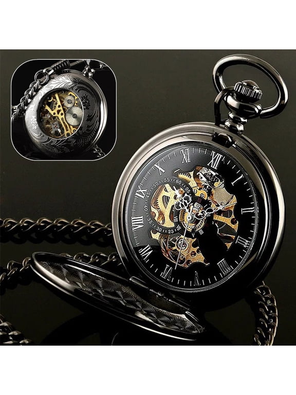Men's Mechanical Skeleton Pocket Watch with Chain Vintage Steampunk Black Engraved Automatic Wind Retro Analog Timepiece Open Face Mechanical Watch Gift for Men Collectors