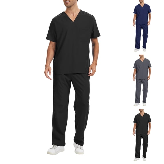 Men's Medical Scrubs Set Short Sleeve V Neck Scrubs Top & Jogger Wide Leg Pants Breathable Comfort 2 Pieces Outfit, XL
