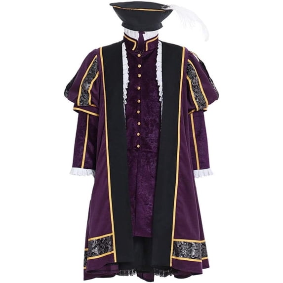 Men's Medieval Court Lord Cloth Renaissance Robe Coat Pants Hat Outfit