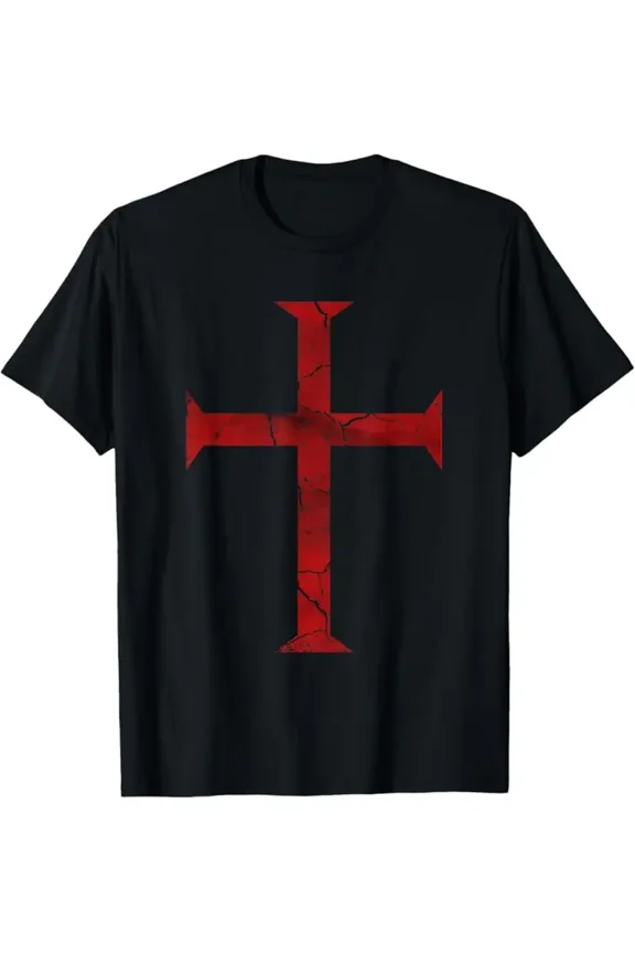 Men's Medieval Crusader T-Shirt - Distressed Deus Vult Knights Templar Cross Graphic Tee - Heavyweight 180gsm 100% Cotton Shirt - White & Red Battle Cross Design - Regular Fit