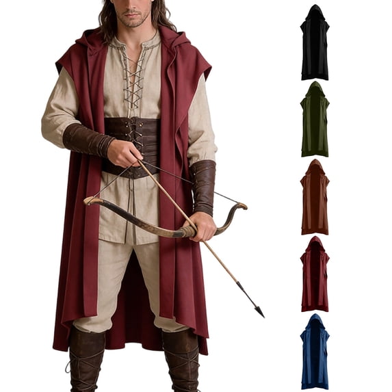 Men's Medieval Hooded Sleeveless Surcoat Holloween Renaissance Tabard Tunic Vest Cloak Viking Costume Cosplay Cape