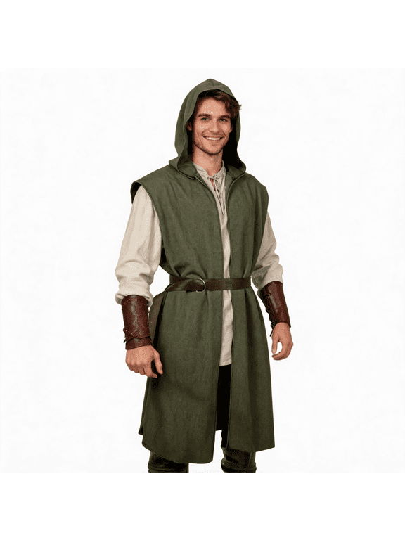 Men's Medieval Hooded Surcoat, Renaissance Sleeveless Tunic Viking Outerwear for Themed Events Halloween 02-Green S