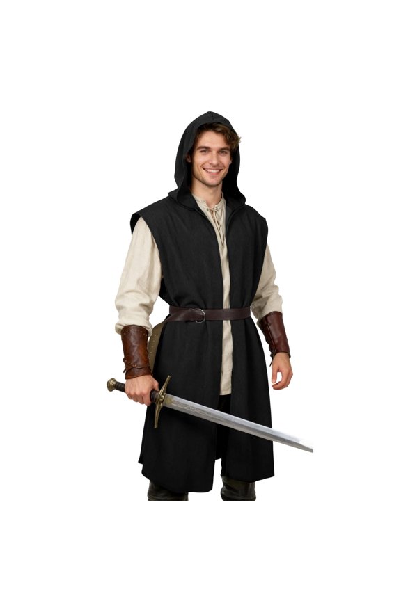 Men's Medieval Renaissance Viking 2-Piece Cosplay Costume Set Hooded Sleeveless Robe with Belt for Halloween Party