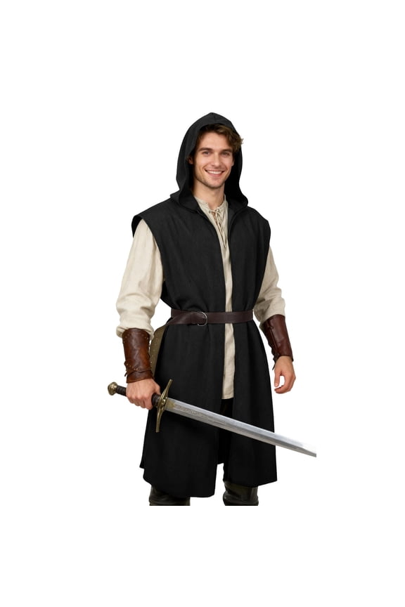 Men's Medieval Hooded Tunic Cloak Renaissance Sleeveless Robes and Belt 2PC Sets for Halloween Cosplay Viking