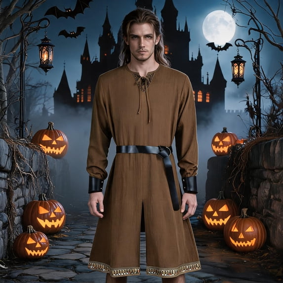 Men's Medieval Knight Costume, 3-Piece Renaissance Viking Outfit with Long Robe, Belt and Wrist Guards for Halloween Party and LARP, Brown, Size XXL