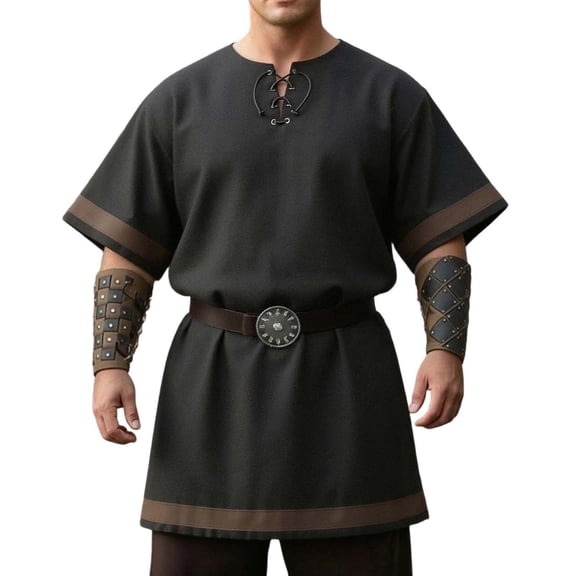 Men's Medieval Knight Viking Surcoat Retro Short Sleeve Lace Up Top Halloween Cosplay Pirate Costume (No Belt)