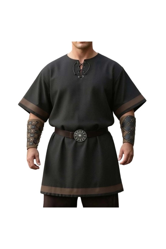 Men's Medieval Knight Viking Surcoat Retro Short Sleeve Lace Up Top Halloween Cosplay Pirate Costume (No Belt)