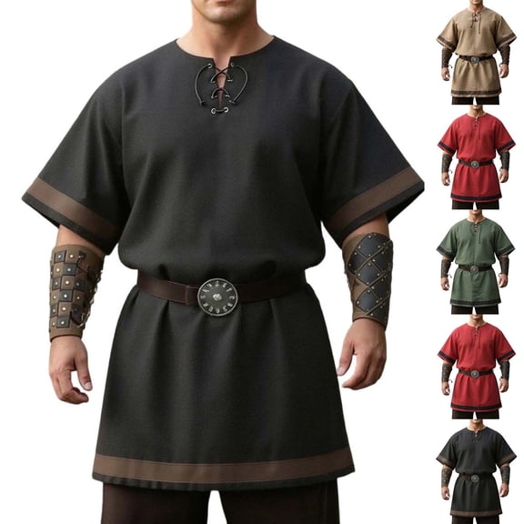Men's Medieval Knight Viking Surcoat Retro Short Sleeve Lace Up Top Halloween Cosplay Pirate Costume (No Belt)
