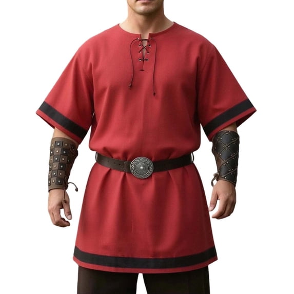 Men's Medieval Knight Viking Surcoat Retro Short Sleeve Lace Up Top Halloween Cosplay Pirate Costume (No Belt)