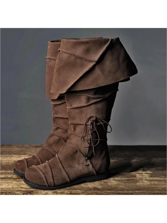 Men's Mid-Calf Boots - Renaissance Style Low Heel Knee High Boots with Fold-Over & Lace-Up Design for Casual & Themed Events