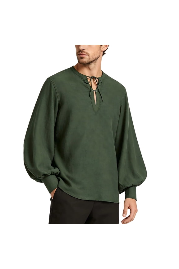 Men's Medieval Shirt – Cotton Tunic with Lace up Neckline and Puff Sleeve, Viking & Renaissance Costume Size 3XL Green