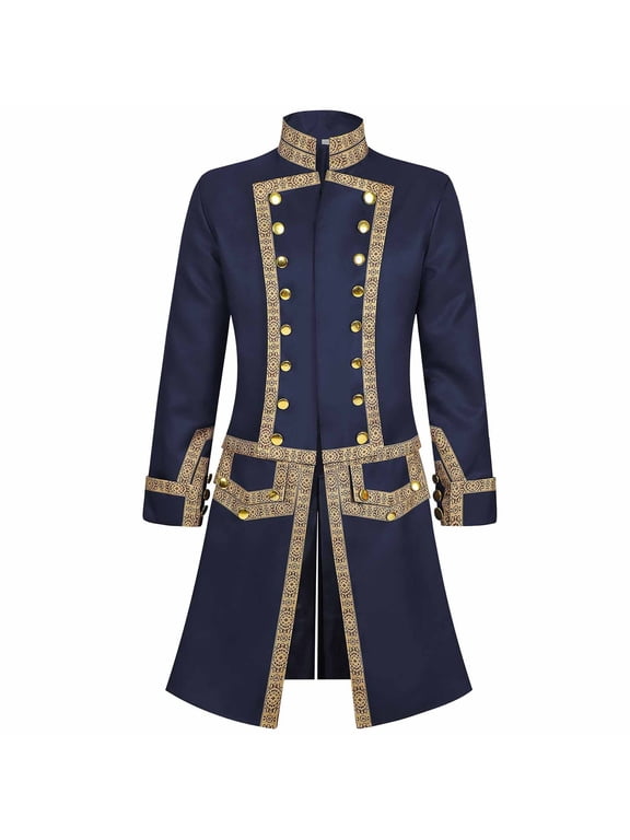 Men's Medieval Tailcoat Jacket, Stand Collar Vintage Long Jacket, Embroidery Slim Fitting Outerwear for Halloween Party Navy S