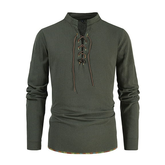Men's Medieval Vintage Long Sleeve Top Fall Solid Color Linen Lace-Up Shirt Casual Lounge Loose Lapel Blouses (Army Green 2XL)