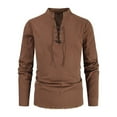 thumbnail image 1 of Men's Medieval Vintage Long Sleeve Top Fall Solid Color Linen Lace-Up Shirt Casual Lounge Loose Lapel Blouses (Brown L), 1 of 1