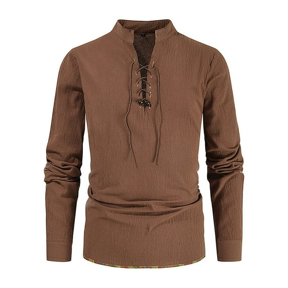 Men's Medieval Vintage Long Sleeve Top Fall Solid Color Linen Lace-Up Shirt Casual Lounge Loose Lapel Blouses (Brown L)