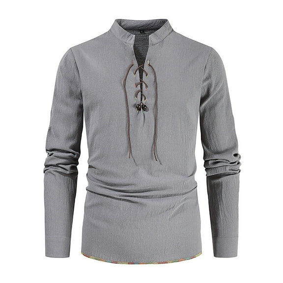 Men's Medieval Vintage Long Sleeve Top Fall Solid Color Linen Lace-Up Shirt Casual Lounge Loose Lapel Blouses (Gray 2XL)