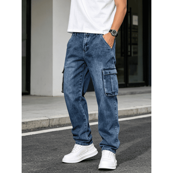 Men's Medium Wash Straight-Leg Cargo Jeans - Stretchy Denim Pants with Utility Pockets, Casual Daily Jeans for Men, Durable Comfortable Trousers