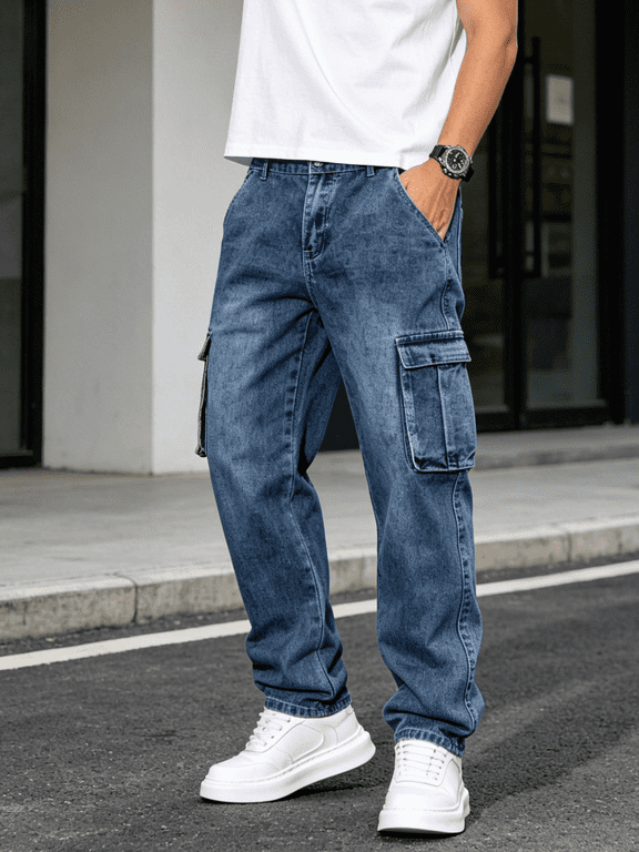Men's Medium Wash Straight-Leg Cargo Jeans - Stretchy Denim Pants with Utility Pockets, Casual Daily Jeans for Men, Durable Comfortable Trousers