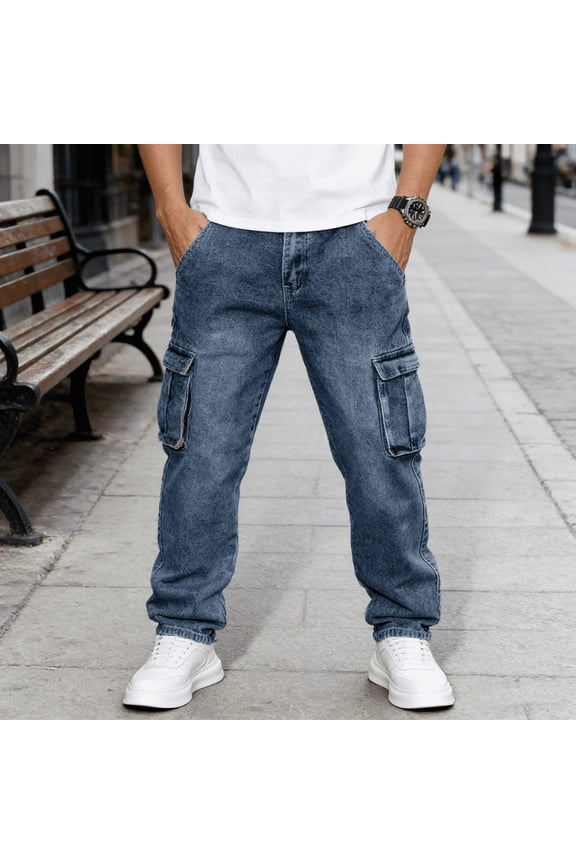 Men's Medium Wash Straight-Leg Cargo Jeans - Stretchy Denim Pants with Utility Pockets, Casual Daily Jeans for Men, Durable Comfortable Trousers