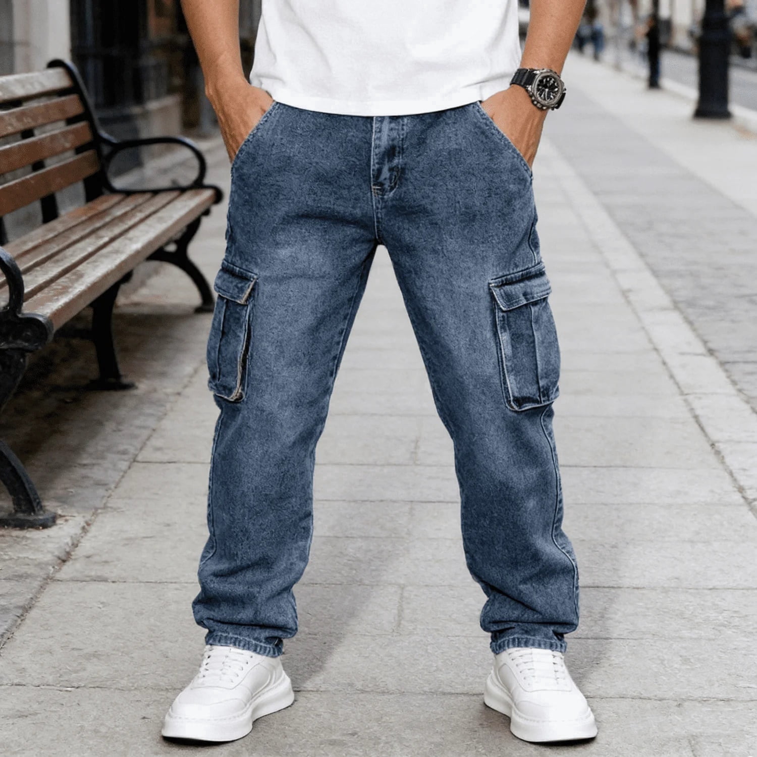 Men's Medium Wash StraightLeg Cargo Jeans Stretchy Denim Pants with — free download