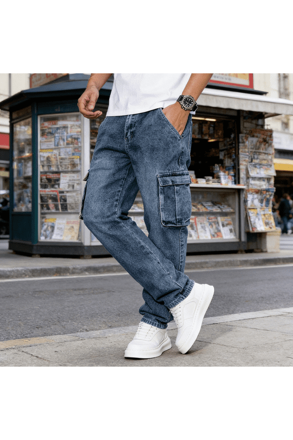 Men's Medium Wash Straight-Leg Cargo Jeans - Stretchy Denim Pants with Utility Pockets, Casual Daily Jeans for Men, Durable Comfortable Trousers