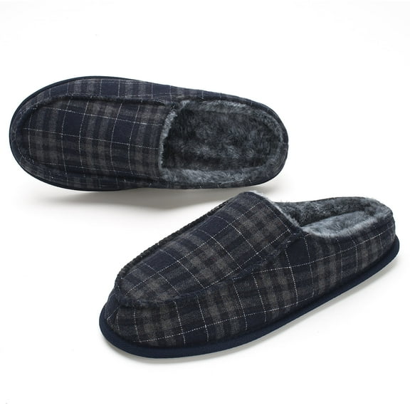 Men's Memory Foam House Slippers - Cozy, Fuzzy Bedroom Slip-on Loafer Shoes. Warm & Comfy Indoor Outdoor Moccasins. Unique Christmas Gift for Dad, Grandpa, Husband, Boyfriend, Navy Adult Size 14-15