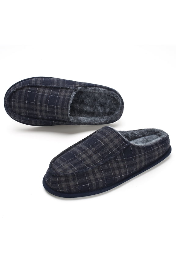 Men's Memory Foam House Slippers - Cozy, Fuzzy Bedroom Slip-on Loafer Shoes. Warm & Comfy Indoor Outdoor Moccasins. Unique Christmas Gift for Dad, Grandpa, Husband, Boyfriend, Navy Adult Size 14-15