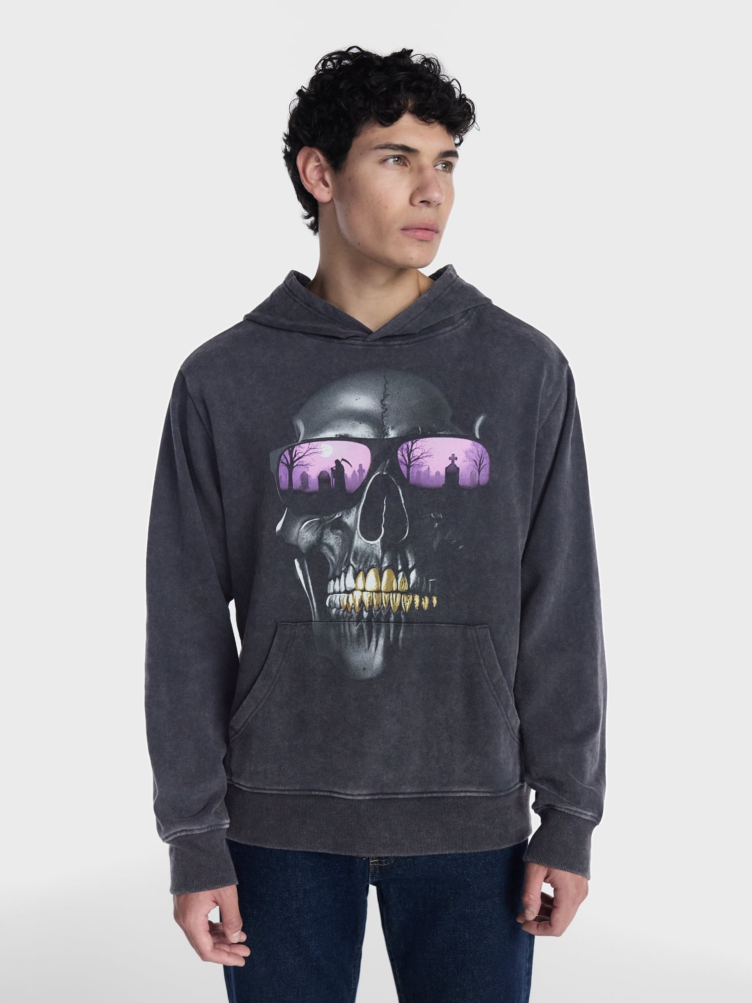 Halloween Oversized Fit Grim Reaper Graveyard Graphic Fleece Hoodie Sweatshirt, Men's Sizes XS-4XLT