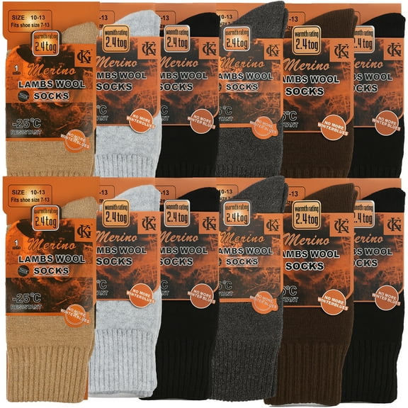 Men’s Merino Wool Thermal Hiking Socks – Warm Winter Cold Weather Boot Socks, Size 10-13, 12-Pack