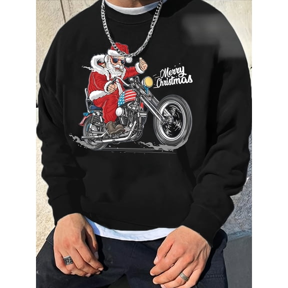 Men's Merry Christmas Motorcycle Santa Graphic Sweatshirt - Casual, loose fit, long sleeves and crew neck, perfect for fall and winter