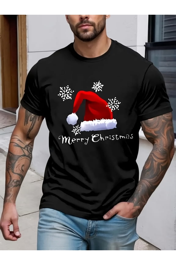 Men's Merry Christmas Pattern T-Shirt - Christmas Hat and Snowflake Print, High-Quality Non-Stick Summer Short Sleeve, Casual Crew Neck Top Suitable for Holiday Parties and Daily Wear, Soft Fabric Sh