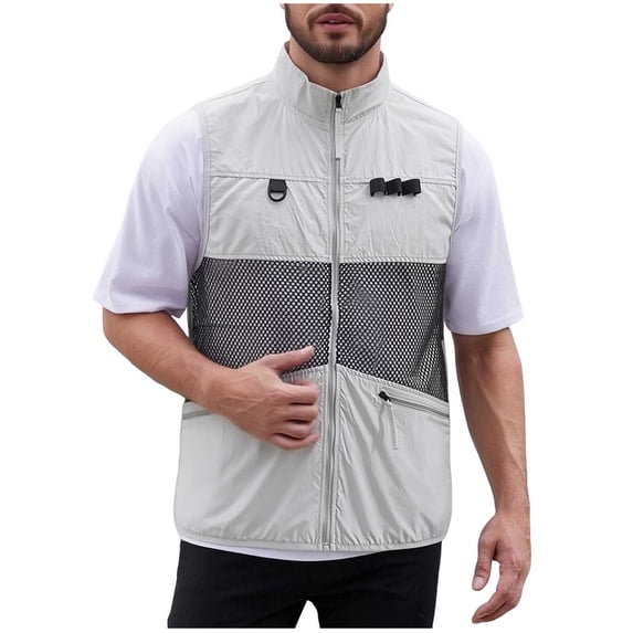 Men's Mesh Breathable Fishing Vest, Multi Pockets Photography Travel Hiking Waistcoat Full Zip Sleeveless Jacket for Adults Big and Tall Size M-3XL Gray