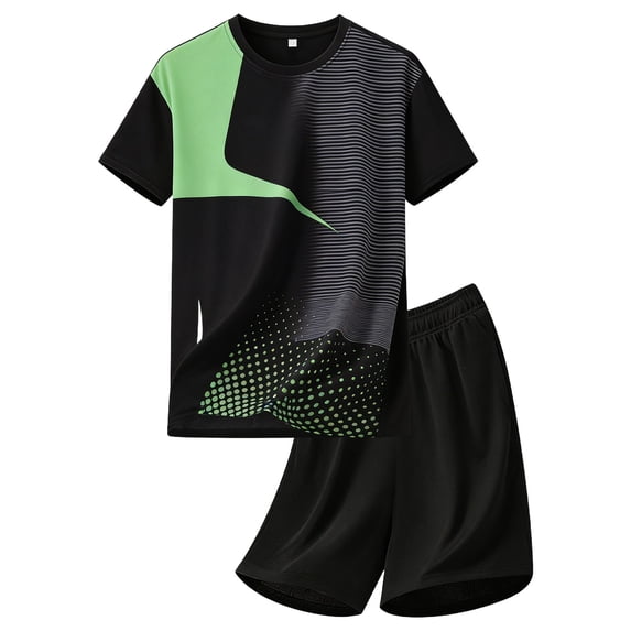 Men's Mesh Breathable Tracksuit Sets 2026 Summer Printed Short Sleeve Tops Crew Neck Casual Sports Outfits Green M