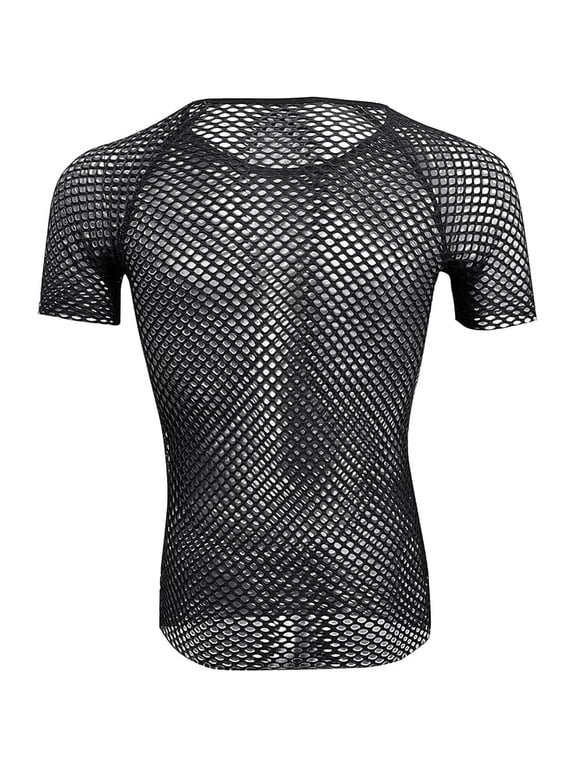Men's Mesh Fishnet Fitted Short Sleeve Muscle Top Sexy Sheer See Through T Shirt Net Undershirt Top Clubwear