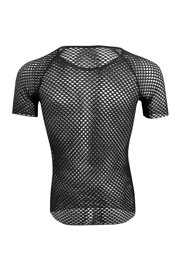 Men's Mesh Fishnet Fitted Short Sleeve Muscle Top Sexy Sheer See Through T Shirt Net Undershirt Top Clubwear