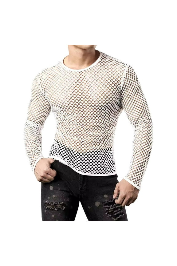 Men's Mesh Fishnet Muscle Shirts Mesh Party Vest Tops Workout Muscle Tank Fitted Crew Neck Base Layer Tee
