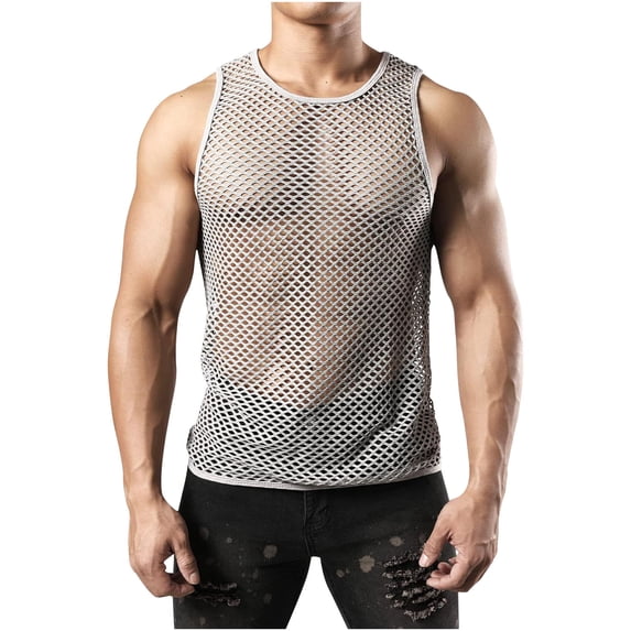 Men's Mesh Fishnet Muscle Top Shirts Fitted Crew Neck Tee Clubwear