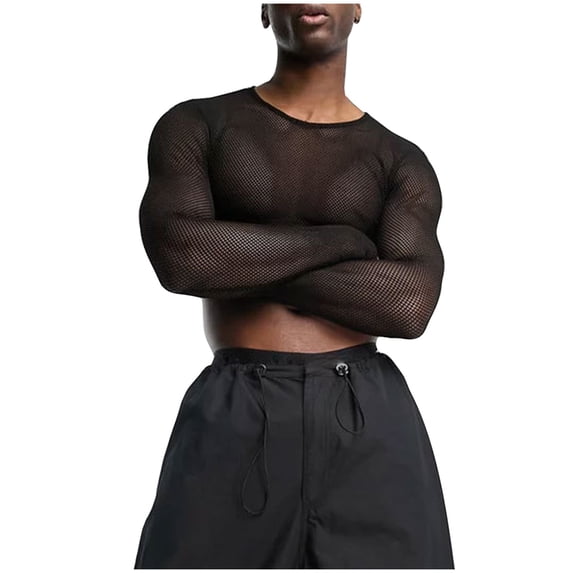 Men's Mesh Fishnet Top Long Sleeve Sheer See Through T Shirt Fitted Muscle Blouse Clubwear Black XL