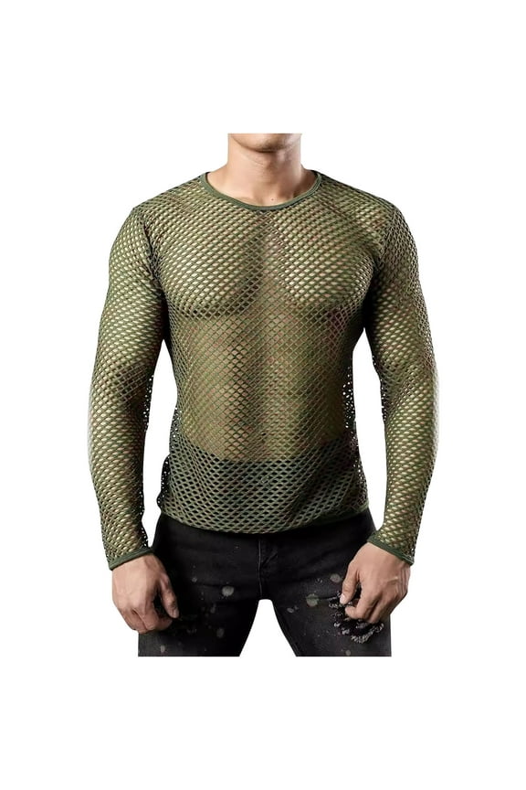 Men's Mesh Fishnet Top Long Sleeve Sheer See Through T-Shirt Fitted Muscle Blouse Clubwear