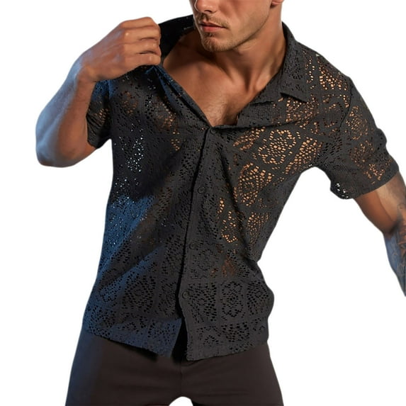 Men's Mesh Hollow Out Short Sleeve Shirt - Lightweight Casual See Through Top for Summer